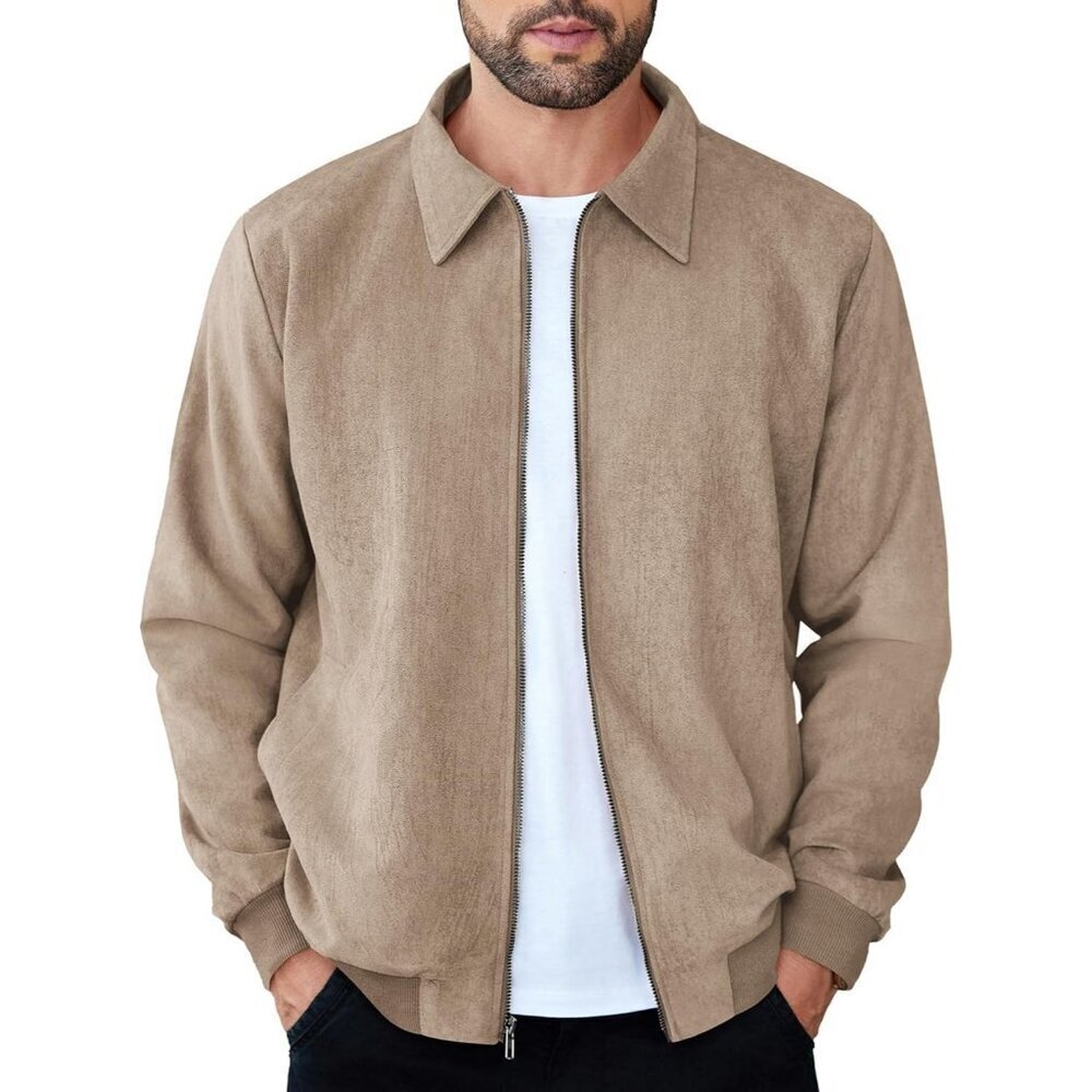 Men's Suede Casual Lightweight Bomber Jacket Khaki Zip Up Faux Vintage Leather